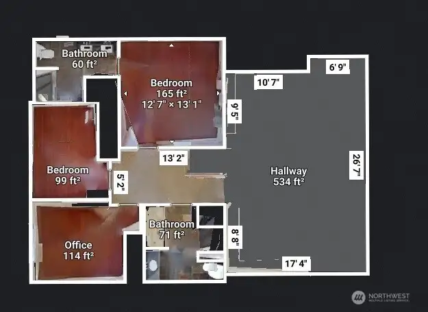 Floor plan upper level with dimensions; see Matterport video