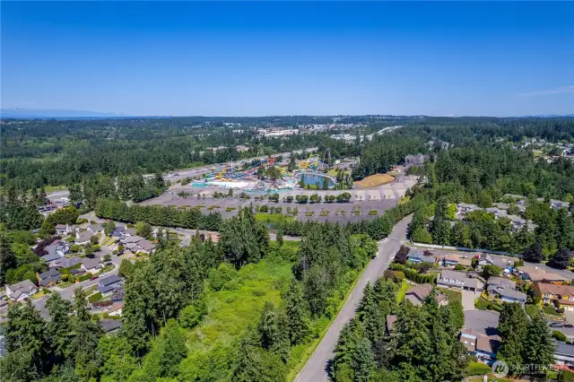 Aerial view of Wild Waves amusement park which is in the neighborhood but doesn't affect this home in any way, other than some additional parking along main roads you can see. For location of house in relation, see next photo.