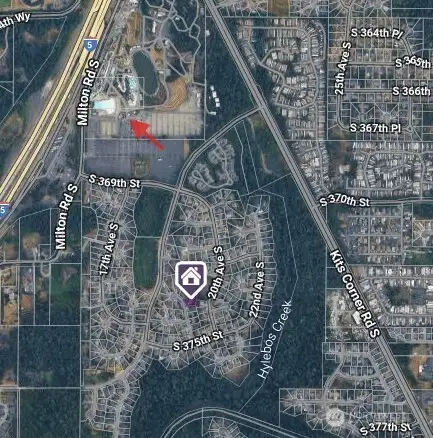 Red arrow is entrance to Wild Waves. In relation to purple icon that is house. Convenience to WW, without noise/hassle of it.