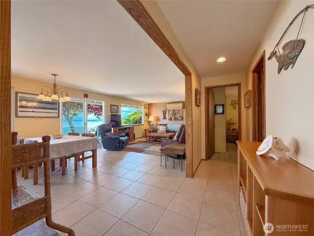 Open concept living.  Ceramic tile.
