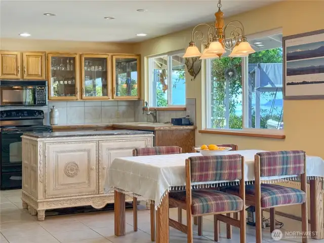 Large kitchen with dining area.