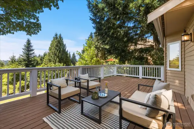A large Trex-style deck extends from the kitchen and great room, offering plenty of space to entertain while enjoying expansive mountain views overlooking the gardens and yard.
