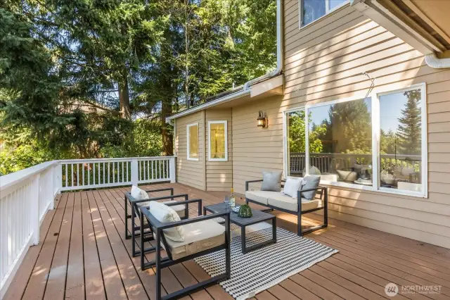 The deck off the great room offers easy access and a seamless flow, with views that extend into the kitchen, enhancing the open, connected feel of the living space.