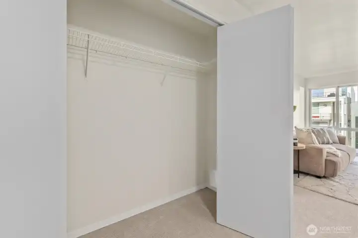 Ample storage including an oversized closet in the living/dining area
