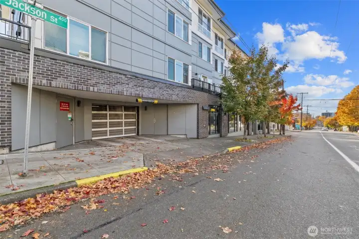 One of two gated garage entrances