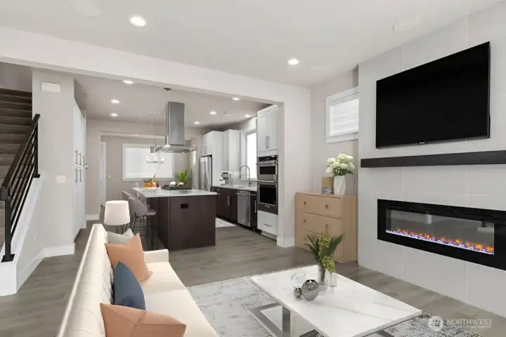 Virtual staging.  Electric fireplace and wired for your TV above the mantle. Surround sound speakers in ceiling too!