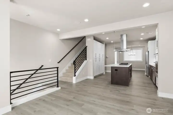 Hardwoods throughout the main floor and modern metal railings