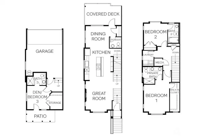 Floorplan of Residence 1, 1705 square feet.  3 bed, 2.5 bath with 2 car garage.