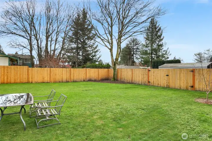 Fenced backyard with gated entry, gardens, fruit trees