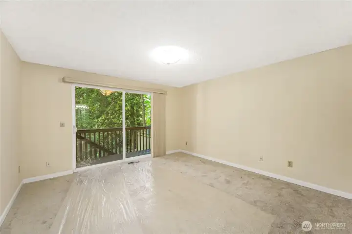 Slider that leads to the rear deck with serene view of trees