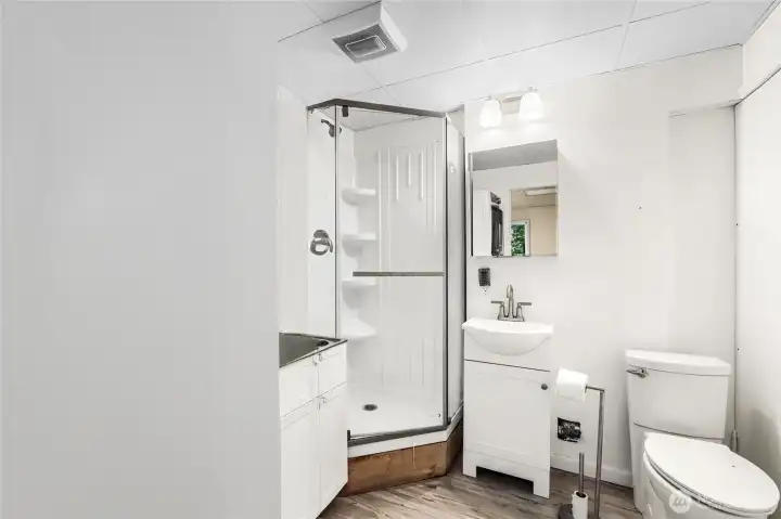 3/4 bath with single vanity  Stainless utility sink with spray wand & convertible clothes folding counter  (photo edited)