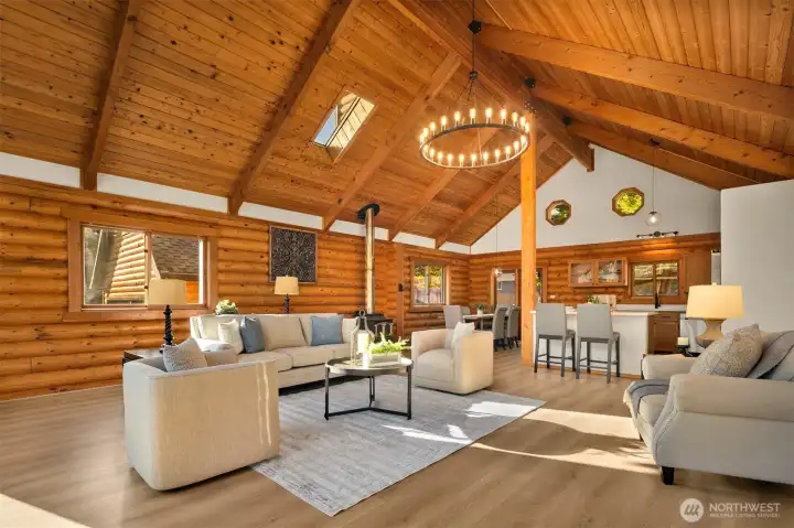 Expansive living room with vaulted ceilings and open floor plan.