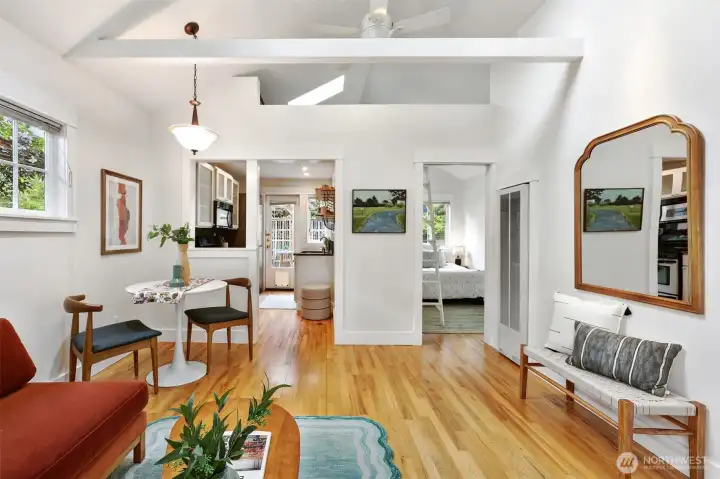 This space stays so light and bright year-round, even during dark and gloomy PNW winters! Newer gas furnace installed 2 years ago and supplemental heating ceiling fan above.