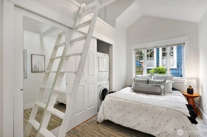 This bedroom is your in-city retreat, with access to the awesome and versatile loft space above which can be used for additional sleeping area, guest bed, storage, etc.