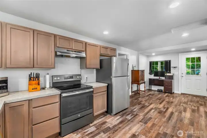 The kitchen opens to the living space
