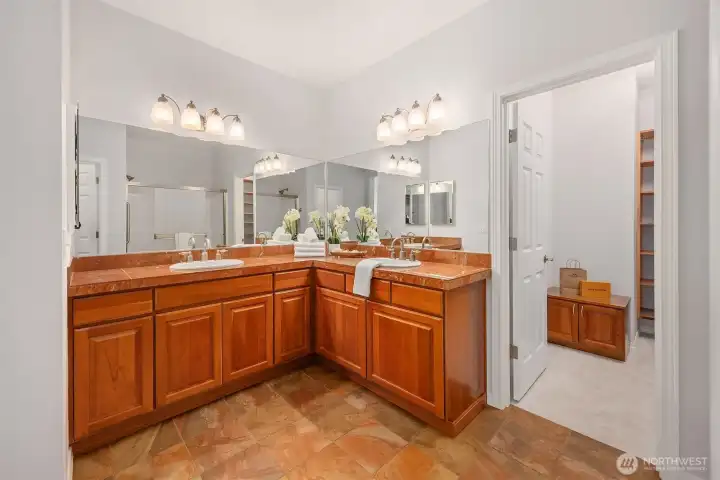 Stunning marble counters in the primary bath Stunning marble counters in the primary bath