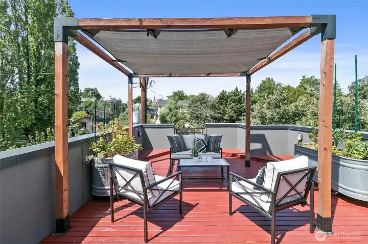 Fabulous roof top deck space comes with the pergola, sail and container gardens. Easy to water plants from the spigot sellers installed to help grow their raspberries for their champagne cocktails. Imagine all the summer that can be enjoyed in a space like this... Fabulous roof top deck space comes with the pergola, sail and container gardens. Easy to water plants from the spigot sellers installed to help grow their raspberries for their champagne cocktails. Imagine all the summer that can be enjoyed in a space like this...