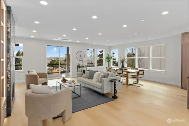 Living, dining, kitchen on 2nd level of home.