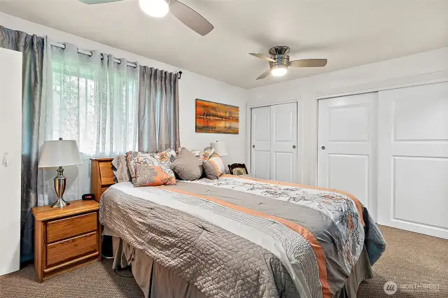 Double closets in the primary and two ceiling fans.