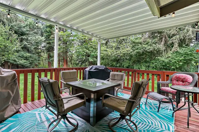 Covered back porch lets you enjoy the outdoors year round.