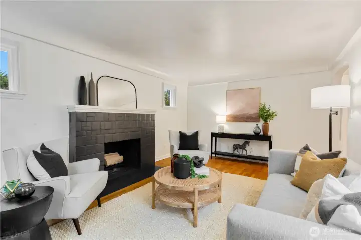 A cozy wood-burning fireplace