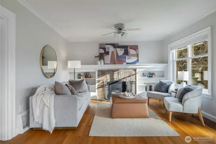 Oak Hardwoods and a wood-burning fireplace