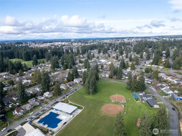 this aerial view shows how close you are to Fircrest Park and Community Center, right across the street!