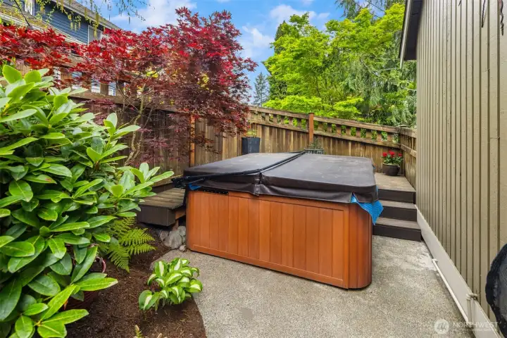 Private backyard corner designed for relaxation, centered around hot tub