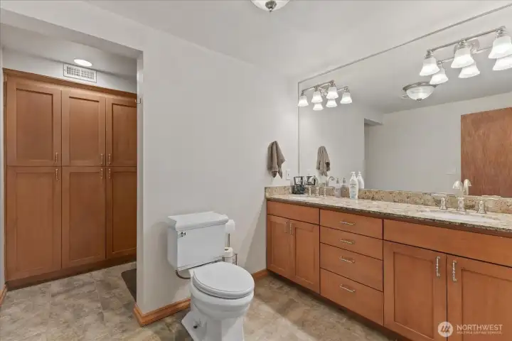 Downstairs bathroom w/plenty of storage and a large shower w/3 shower heads.