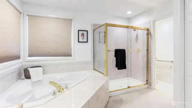 The primary bath also has a spacious walk-in shower and separate water closet.