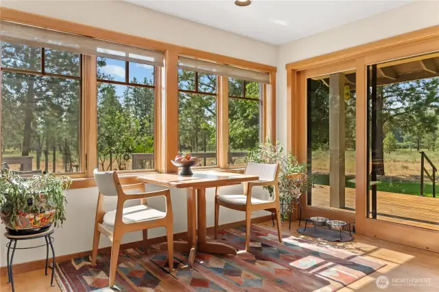 Morning coffee doesn't get much better than this! Bathed in sunlight all winter long! Watch the skiers glide by in the distance all winter long.