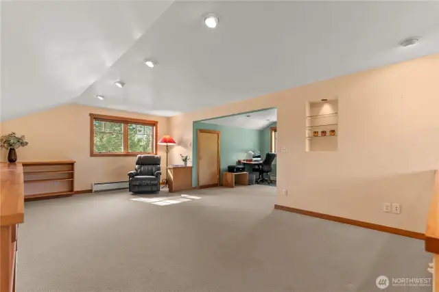 Leave open or partition off the office alcove into a 3rd bedroom . Still tons of room for media-rec room!
