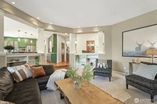 Expansive family room open to the kitchen and breakfast nook with great mountain views.
