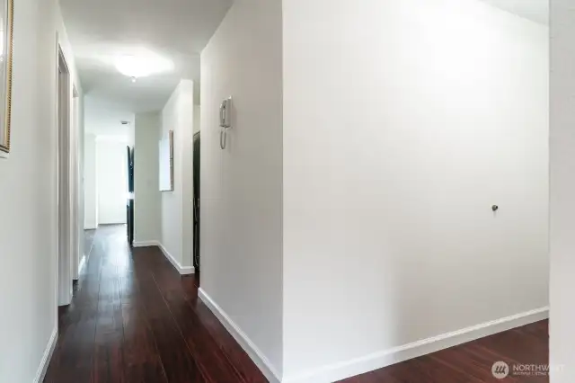 Easy to maintain Luxury Vinyl plank flooring leads you from entrance to main living area and stunning views
