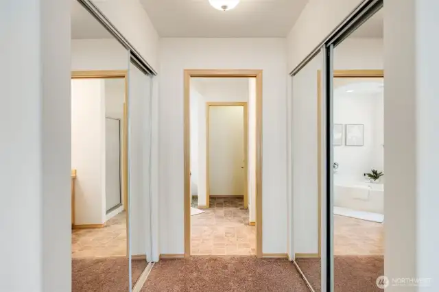 Separate dual closets offer practical storage and organization.