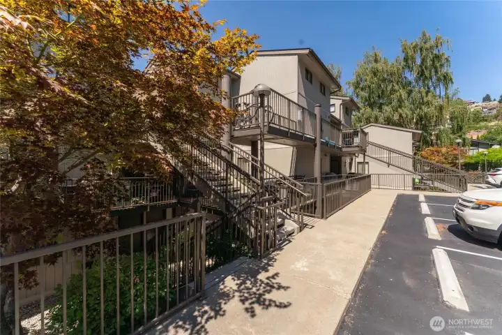 View from parking lot with level entry.