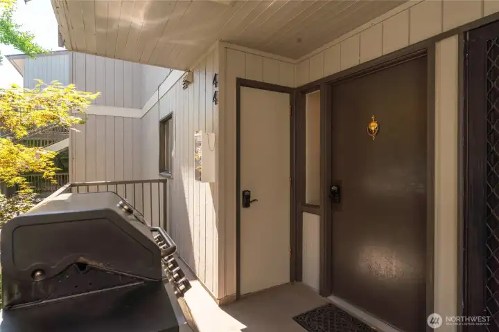 Entry with storage closet and BBQ area.