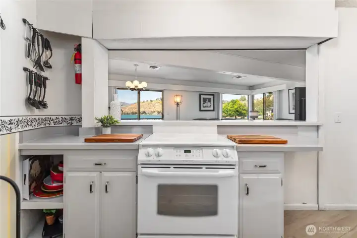 Kitchen view looking towards the living room.