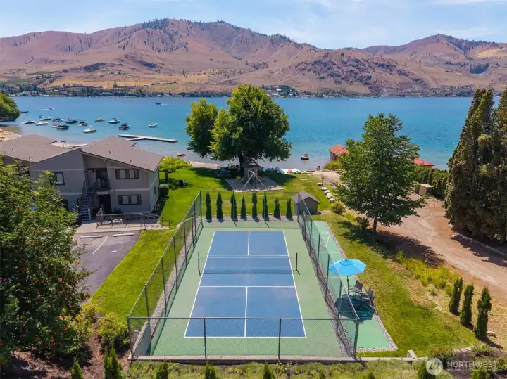 View of pickleball court and waterfront.