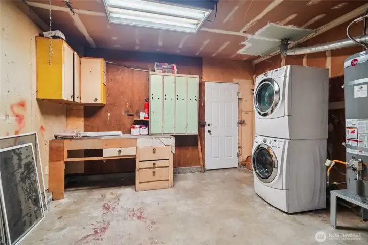 Deep garage with bench and storage options