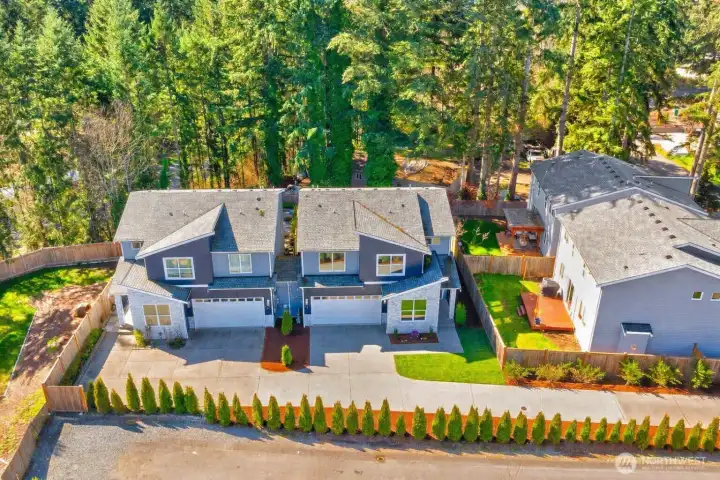 Birdseye View of front driveway lined with arborvitae trees and surrounding area