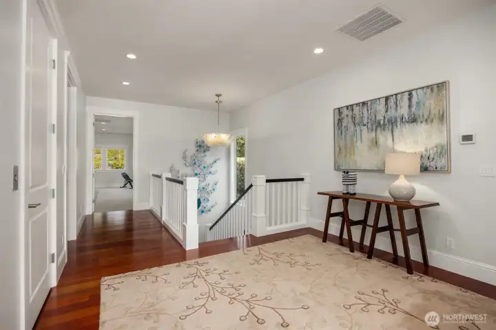 The upper level is easily accessed with a choice of stairs or the in-home elevator on the left. The elevator services the main floor and upper level. The upper level is easily accessed with a choice of stairs or the in-home elevator on the left. The elevator services the main floor and upper level.