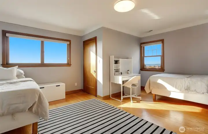 This upstairs bedroom has two closets.