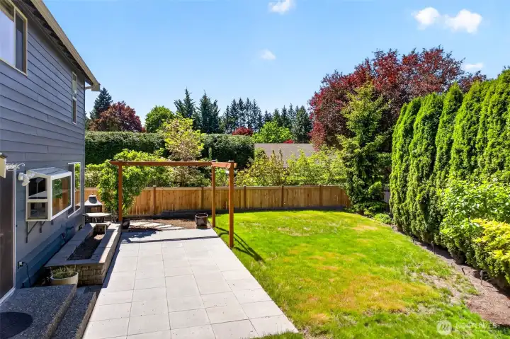 A side view of the backyard reveals the layered landscape design, with the cedar pergola, mature hedge wall, and an updated fence and gate along the south property line. The wide-open lawn provides ample room for play, gardening, or simply enjoying long Pacific Northwest summer evenings outdoors.