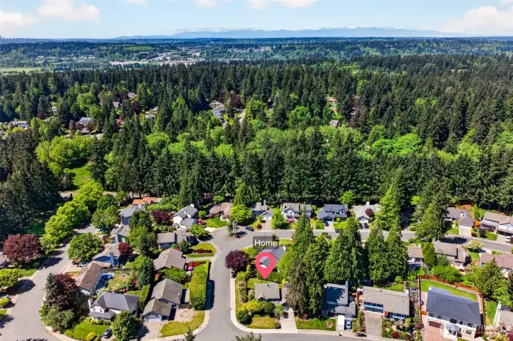 The aerial perspective showcases the home's enviable location on a light-filled corner  lot on English Hill, framed by mature evergreen forest with snow-capped Cascade views in the distance. Minutes from downtown Redmond, Microsoft, and the Eastside's premier employers, yet tucked into one of the most established and family-friendly pockets on the Hill.
