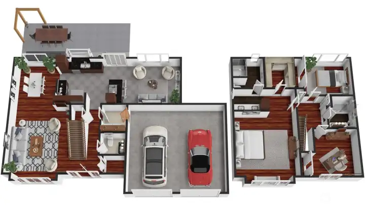 A 3D rendering of the home's layout illustrates the smart, flowing floor plan: open-concept main level with living room, dining, kitchen, and family room anchored by the gas fireplace, plus a generous two-car garage. Upstairs, three bedrooms include a private primary suite with walk-in closet, dressing area, and spa-style bath.