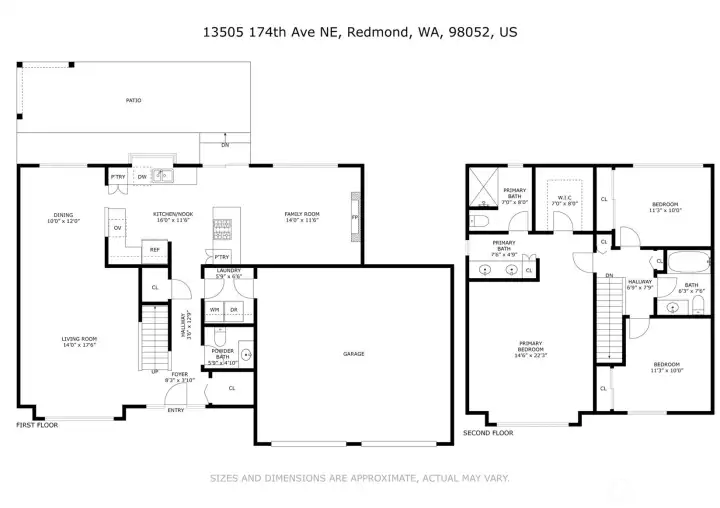 The detailed floor plan confirms the home's well-proportioned 1,820 square feet, with the main level dedicated to living and entertaining and the upper level reserved as a quiet retreat. Highlights include a 14'6" x 22'3" primary suite, dedicated dining and family rooms, main-floor laundry, and an expansive rear patio designed for true Pacific Northwest outdoor living.