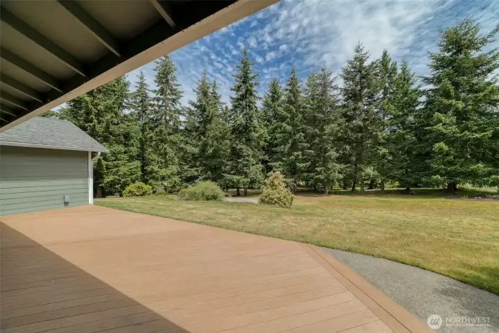 Large backyard deck off the great room and primary bedroom for coffee, bbq, or relaxing. Large backyard deck off the great room and primary bedroom for coffee, bbq, or relaxing.