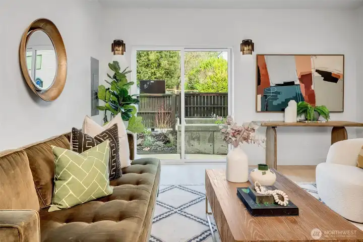 Open concept living area adjacent to entryway and dining area. Set back from the street for privacy. Open concept living area adjacent to entryway and dining area. Set back from the street for privacy.