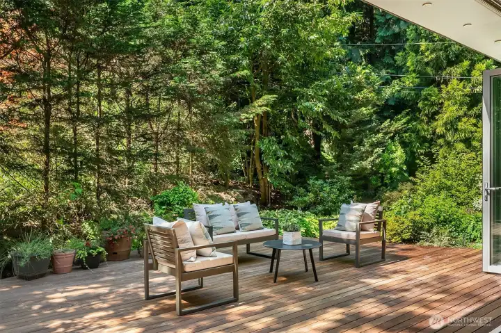 The ipe deck extends the full width of the home, with room for multiple seating areas surrounded by the private, wooded garden.